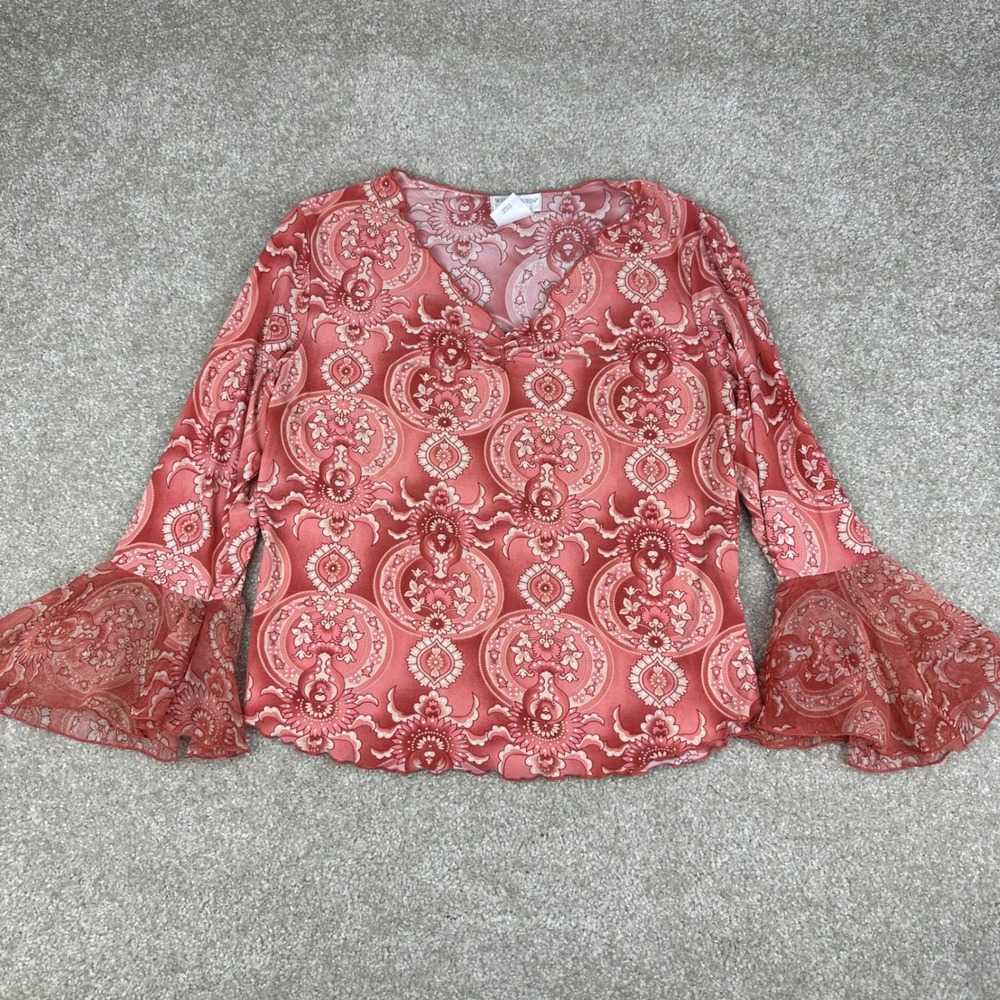 Worthington Petite Large Pink Paisley Bell Sleeve V-Neck Mesh Trim Y2K Top Boho